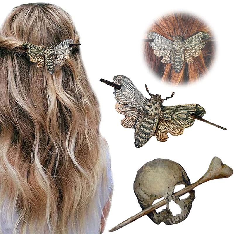 Death Moth/Skull Hair Pin Stick Slide with Faux Bone