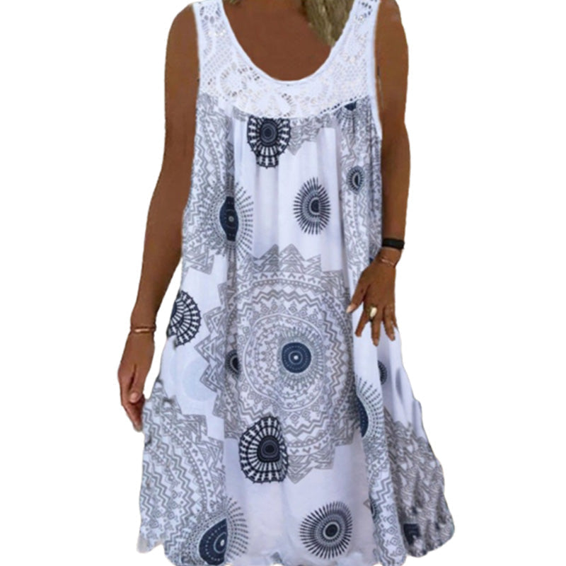 Women Summer O-Neck Sleeveless Print Dress