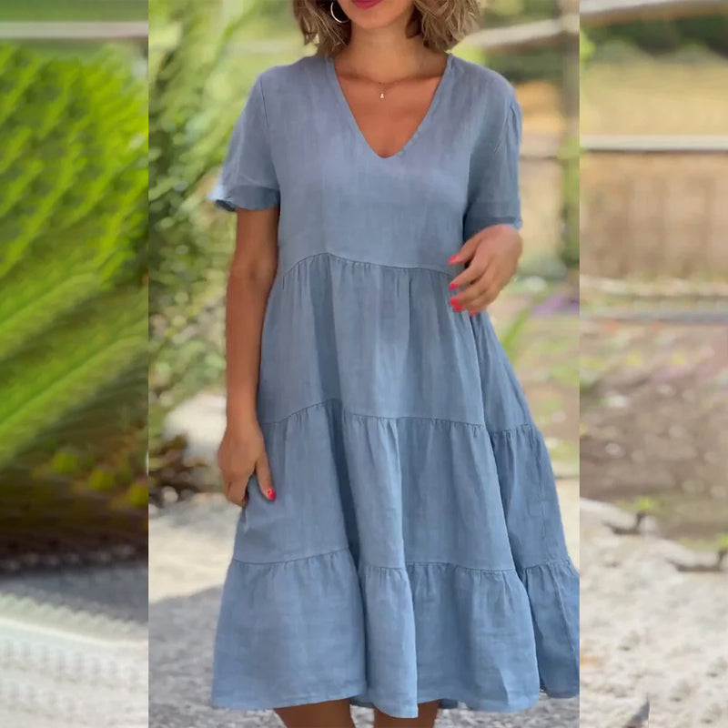 Cotton linen v-neck solid color dress