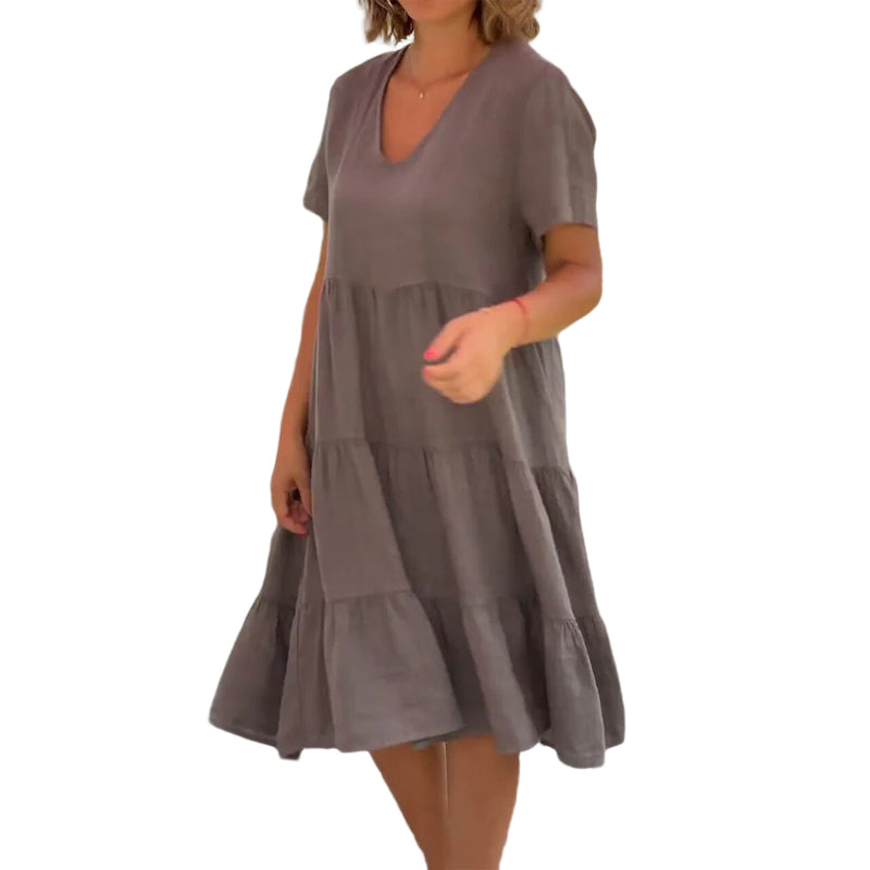 Cotton linen v-neck solid color dress